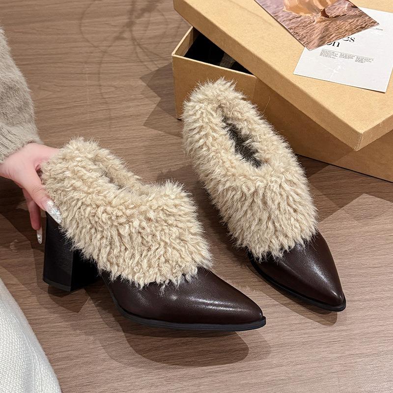 New Autumn Winter Retro Furry Women Slip on Pumps Shoes Concise Shallow Short Plush Shoes Eelgant Dress Thick Heel Leather Shoes