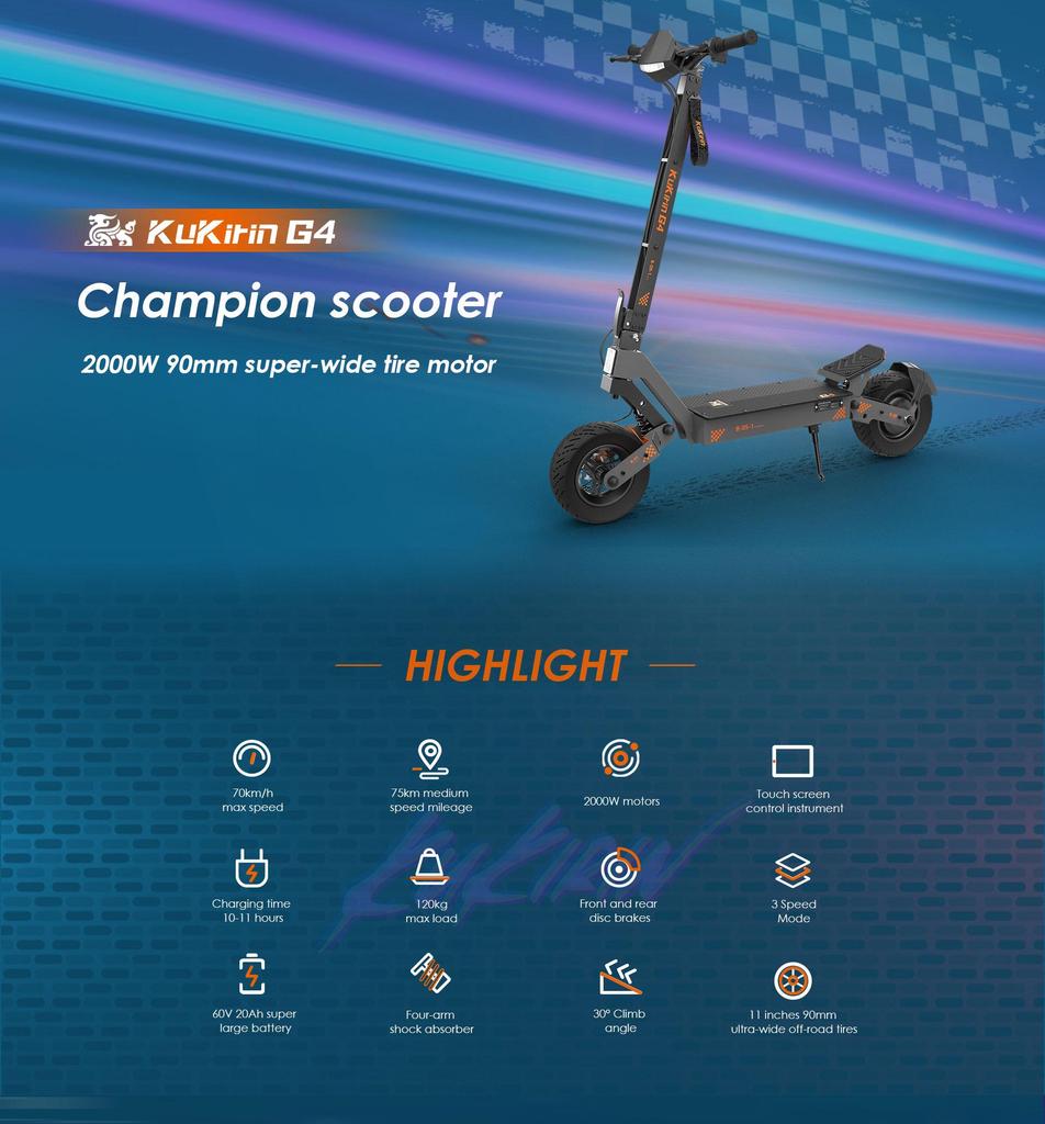 Electric Scooter Adult Kukirin G4 2400W Motor Top Speed 70Km/h Foldable Electric Scooter 60V 20AH Max Range 75Km Load 120Kg