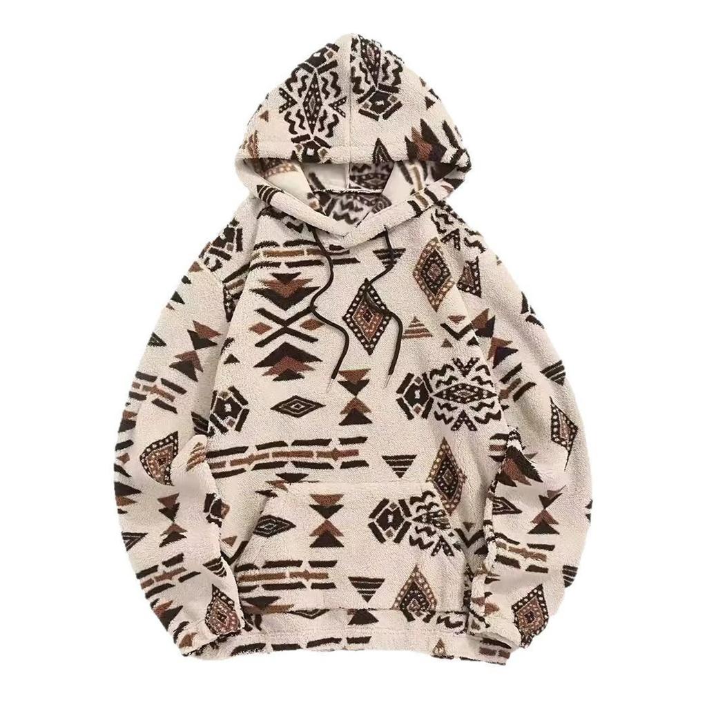 Men's Hoodies Ethnic Style Contrast Binding  Pocket Loose Pullover Fuzzy Hoodie