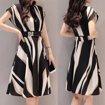 Modisches Damen-Business-Kleid mit Gürtel, O-Ausschnitt, kurze Ärmel, knielanges Kleid