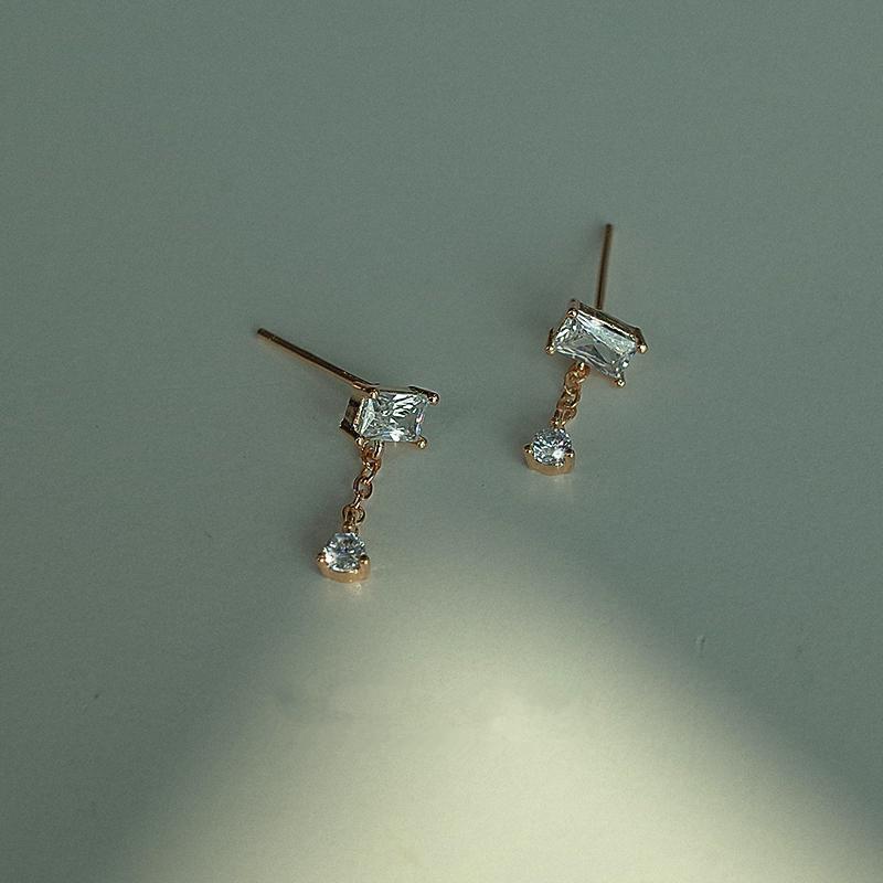 925 Sterling Silver Korean Simple Temperament Geometric Zircon Stud Earrings Women Plating 14k Gold Wedding Jewelry