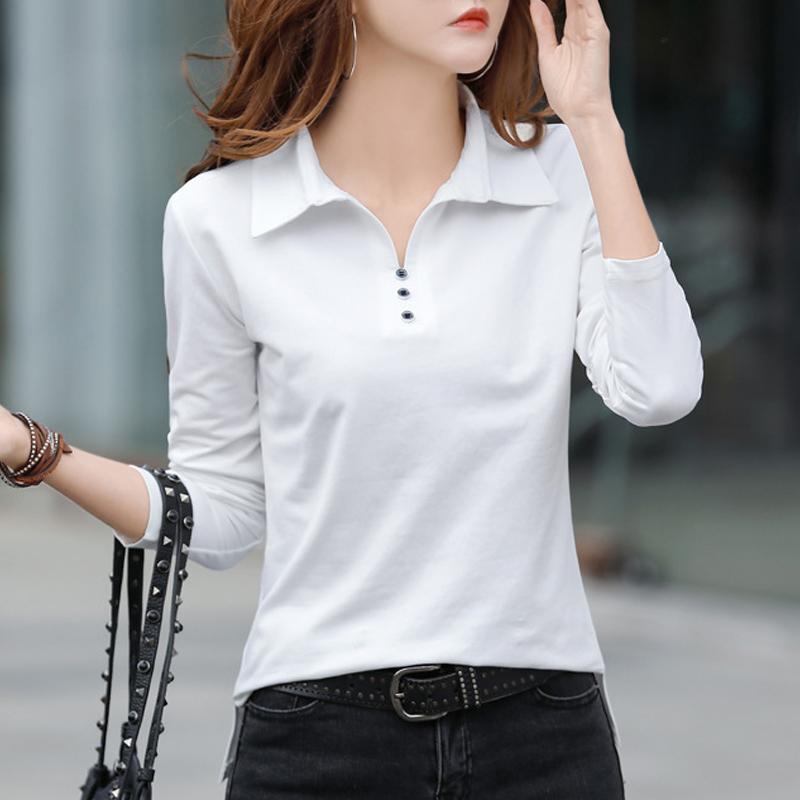 Cotton T Shirt Office Woman Spring Casual Long Sleeve Lapel T-shirt Autumn Loose Korean Style Plus Size Female Shirts