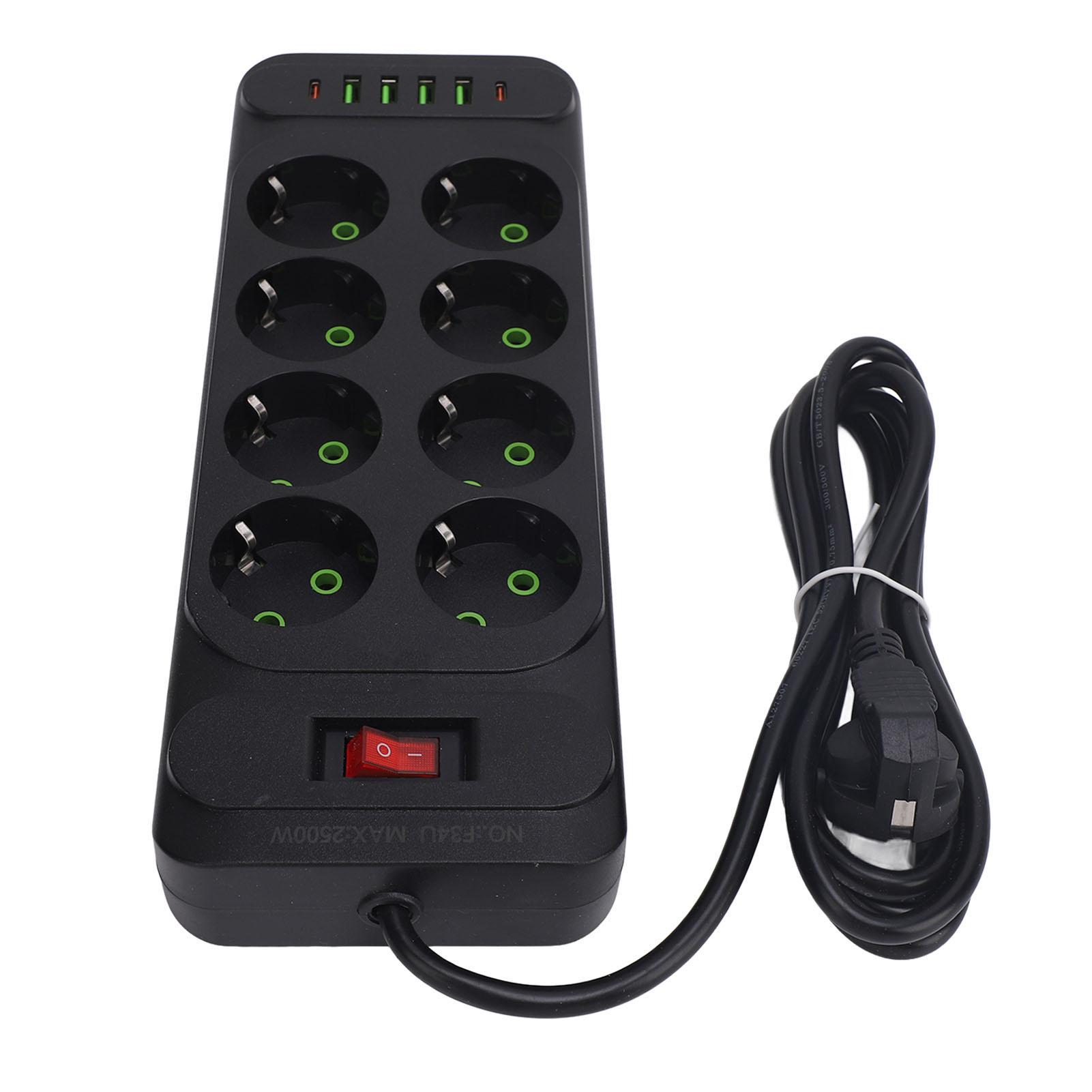 

8 Way Power Strip USB C European Socket Desk Wall Mounted with Switch 2m Cable чорний