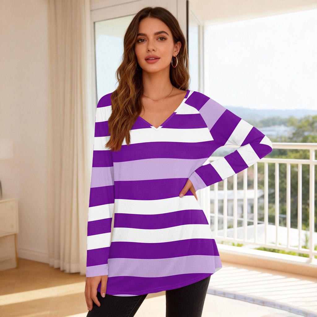 Women's Fashionable Casual Long-Sleeved Striped Print V-Neck Mid-Length Top