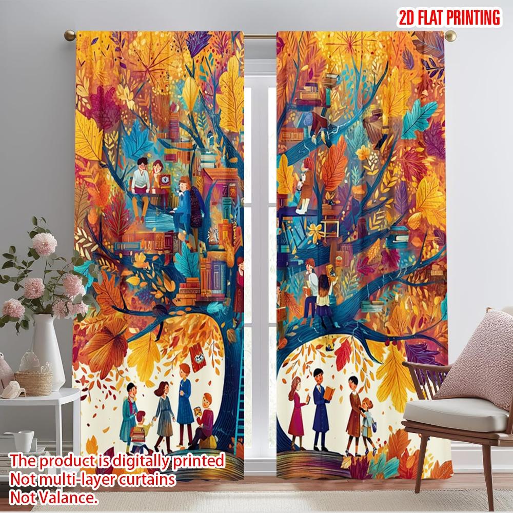 

2pcs,2D plane printing Curtain Fabric People Reading Books Under The Colorful Durable Polyester (without rod) All Seasons 52.50×116.00 CM 2pcs