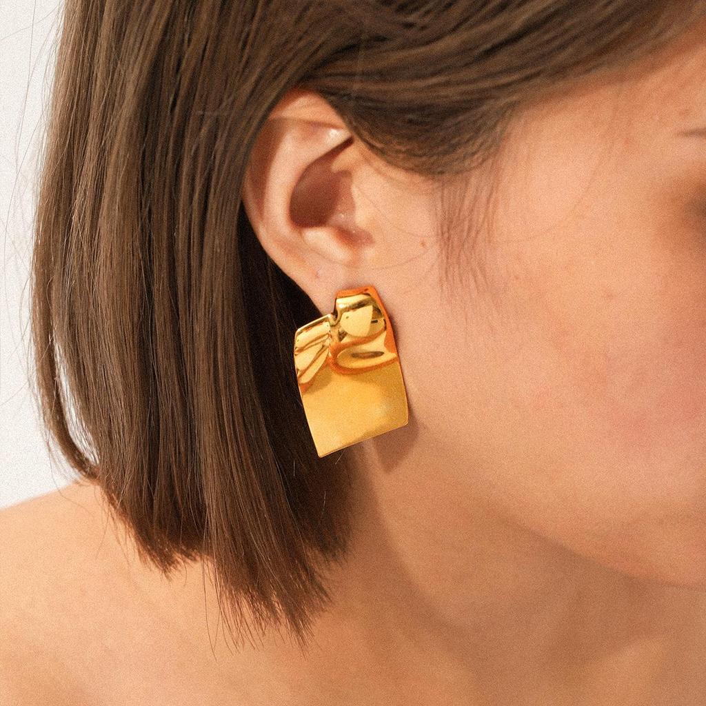 European & American Geometric Square Polished Stud Earrings - Stainless Steel Luxury Metal Fashion