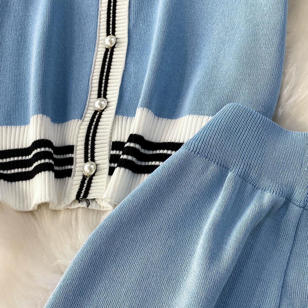 Summer Women Knitted Sweater Suit Short Sleeve Single Breasted Cardigan Top and Ankle Length Pant Two Piece Set For College Girl