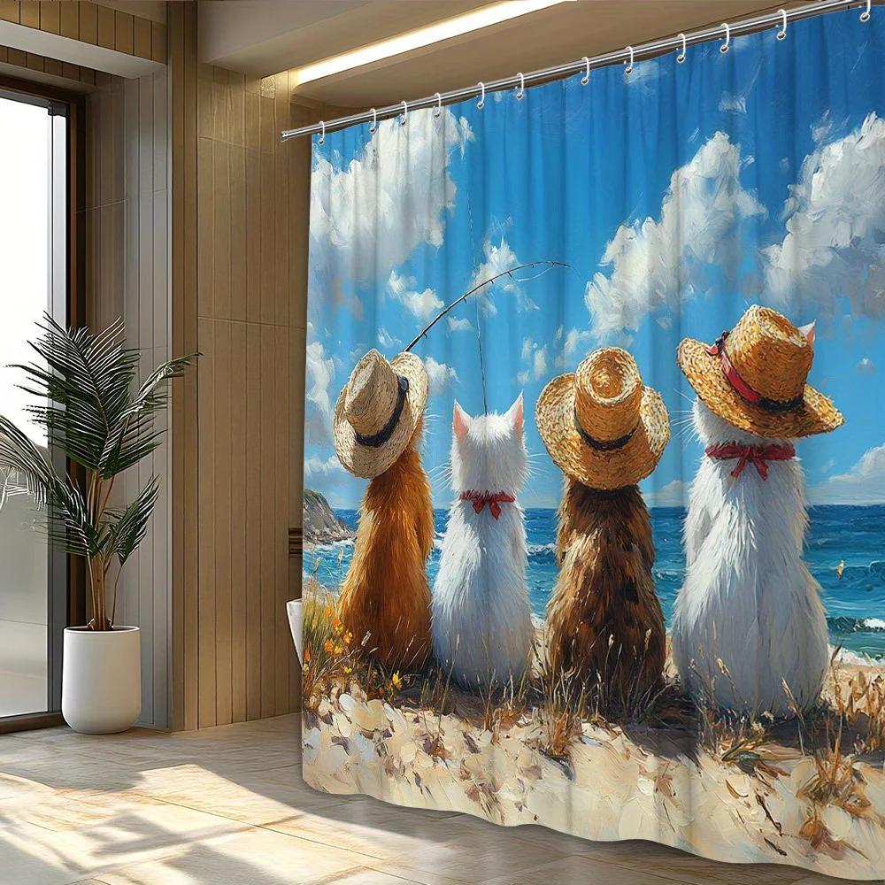 1pc Extra Large Bathroom Shower Curtain - Tropical Beach Cats with Straw Hats, Multi-Color Feline Decor White, Brown, Orange