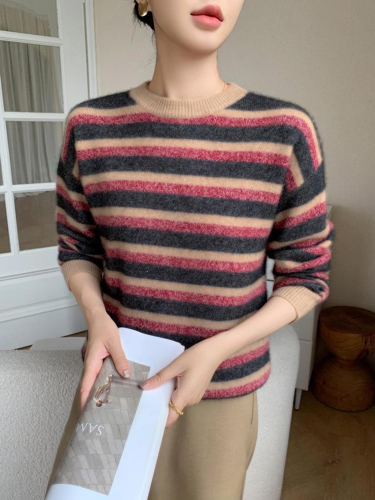 2025 Women's Loose Cashmere Stripe Sweater, Round Neck Knitwear for Autumn/Winter