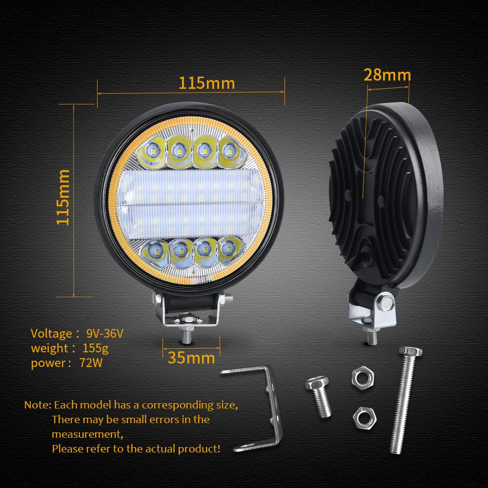 4x4 Led Work Light 72W 24LED Tractor Fog Light High Power Bar Round Spot offroad ATV Jeep For Truck SUV 4WD White 6000K 12V 24V