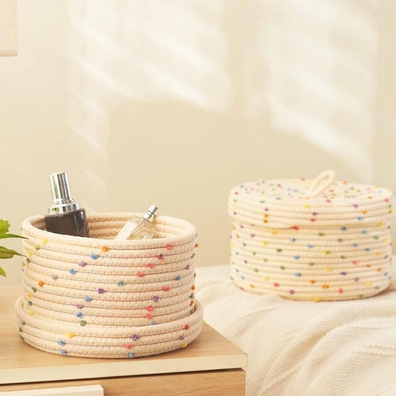 Pack of 2 Sturdy Cotton Rope Storage Baskets With Lid for Organizing Rope Keys and Toy In Elegant Color Designs