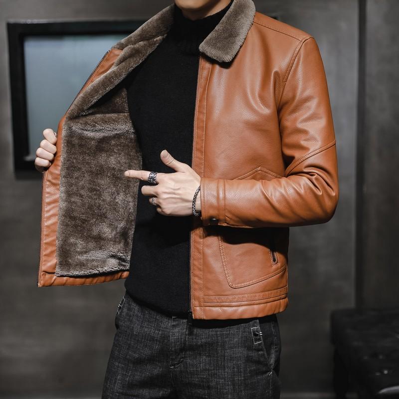 New Winter Leather Jacket for Men's Middle-aged Lapel Plus Velvet Thickened Fur Integrated Large Size Men's Leather Jacket