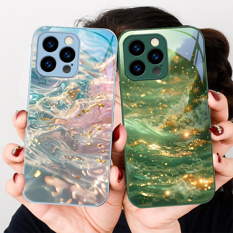 Kleurrijke golven blauw telefoonhoesje van gehard glas voor iPhone 16 Plus 15 14 13 12 Mini 11 Pro Max X XS XR 7 8 Plus 2022