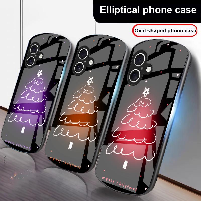 White Line Christmas Tree For iPhone 17 16 15 14 13 Plus 12 Mini 11 Pro Max XR Xs Max X 7 8 6S 22 20 Elliptical Glass Phone Case