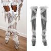 Flower Pattern See Through Lace Thigh High Stockings for Women Over Knee Long Socks with Twill Ruffle Trim Patchwork