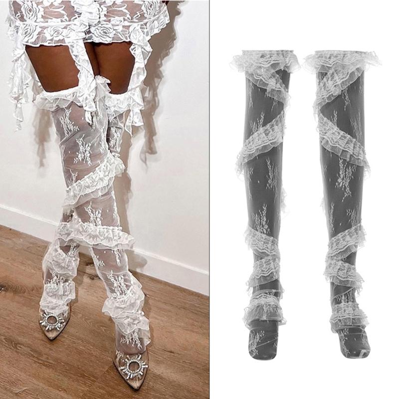 Flower Pattern See Through Lace Thigh High Stockings for Women Over Knee Long Socks with Twill Ruffle Trim Patchwork