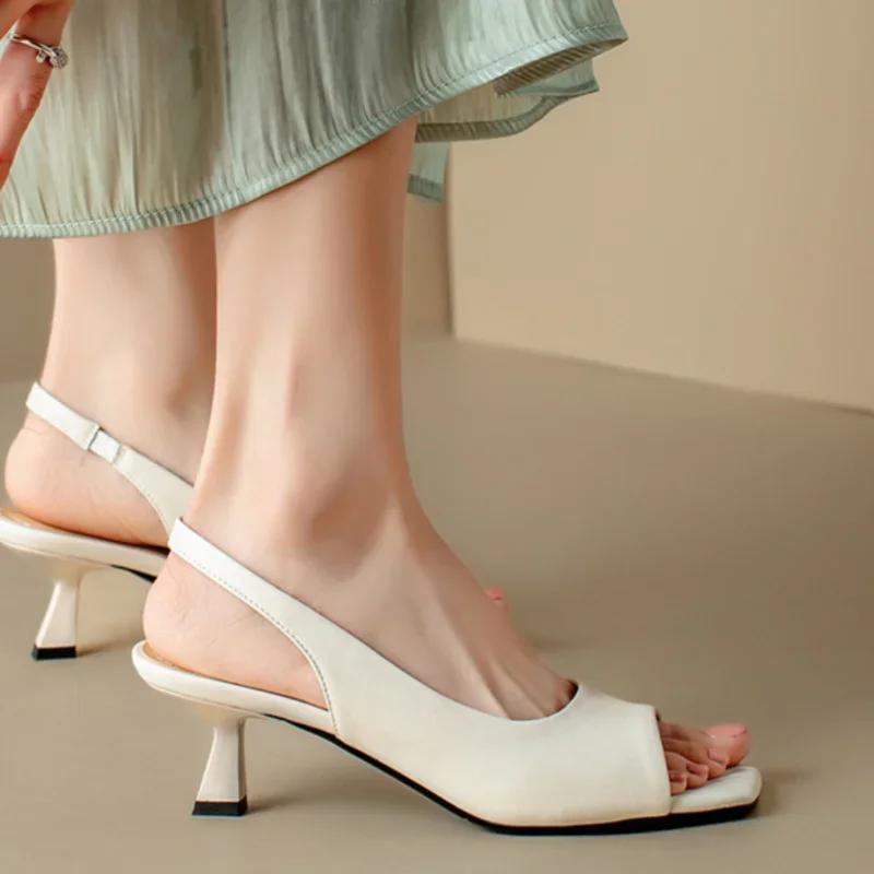 Women's Silver Thin High Heels Sandals Summer New Single Band Square Open Toe Slippers Woman PU Leather Slip On Sandalias Mujer