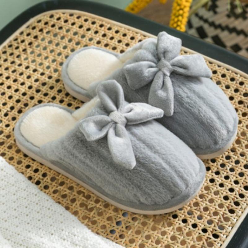 Winter thickened warm plush bow men and women's home indoor and outdoor soft bottom thick bottom non-slip couple cotton slippers