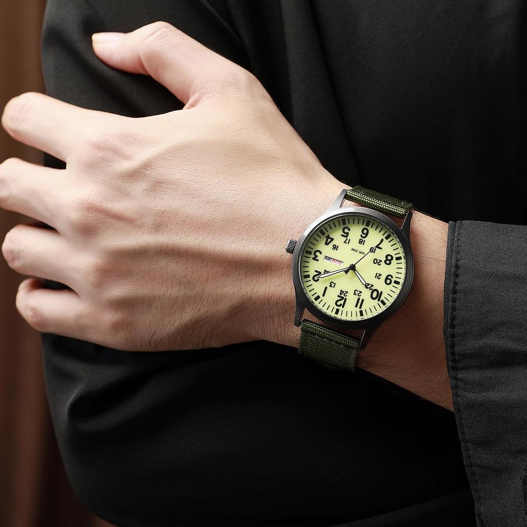 Men's Military Watch with Nylon Strap, Waterproof, Luminous Analog Display, Calendar, Upgraded Edition, Simple and Stylish Sports Watch, 1224 Quartz
