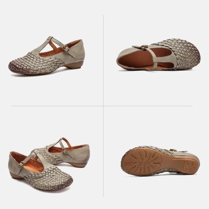 Johnature Genuine Leather Woven Shallow Mary Jane Shoes Retro Low Heeled Women's Shoes