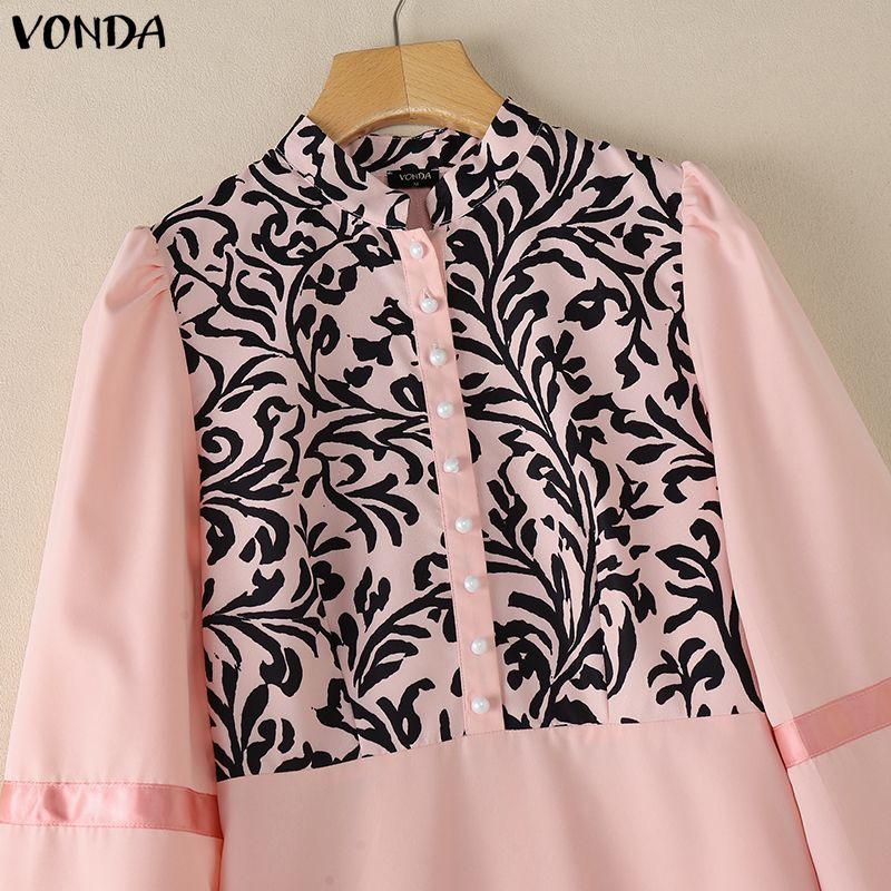 VONDA Elegant Women Puff Sleeve Print Patchwork Casual Loose Maxi Dress