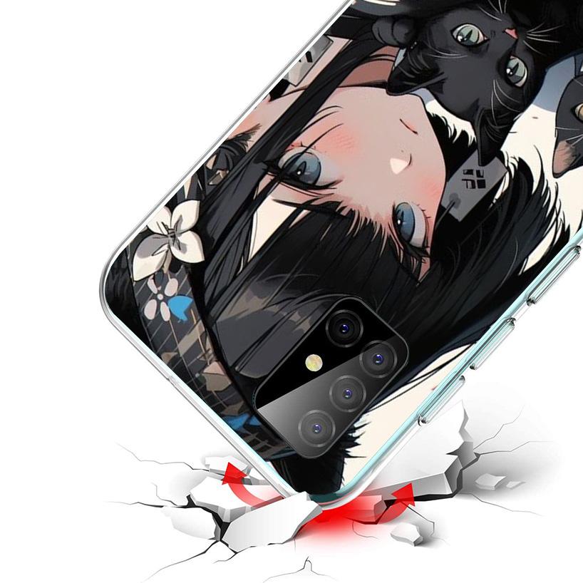 Anime Girls Cute Black Cat Phone Case For Samsung Galaxy A17 A57 A37 A16 A26 A36 A56 A15 A25 A35 A55 A14 A13 A54 A53 A34 A24 A33