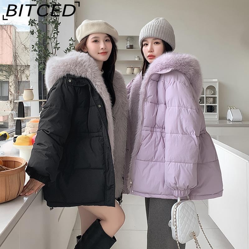 BITCED Detachable Oversized Fur Collar Down Jacket for Women Winter Thickened Waist-Defining Fur-Trimmed Parka