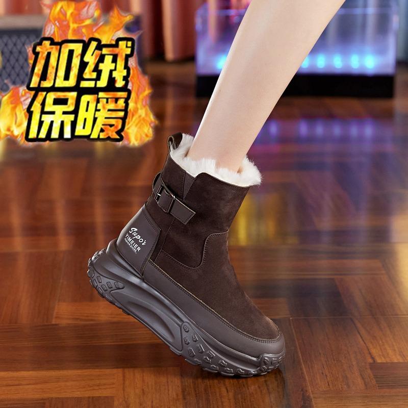Leather snow boots women's short boots with velvet winter warm cotton shoes, the new Martin thick sole increases the delivery tide