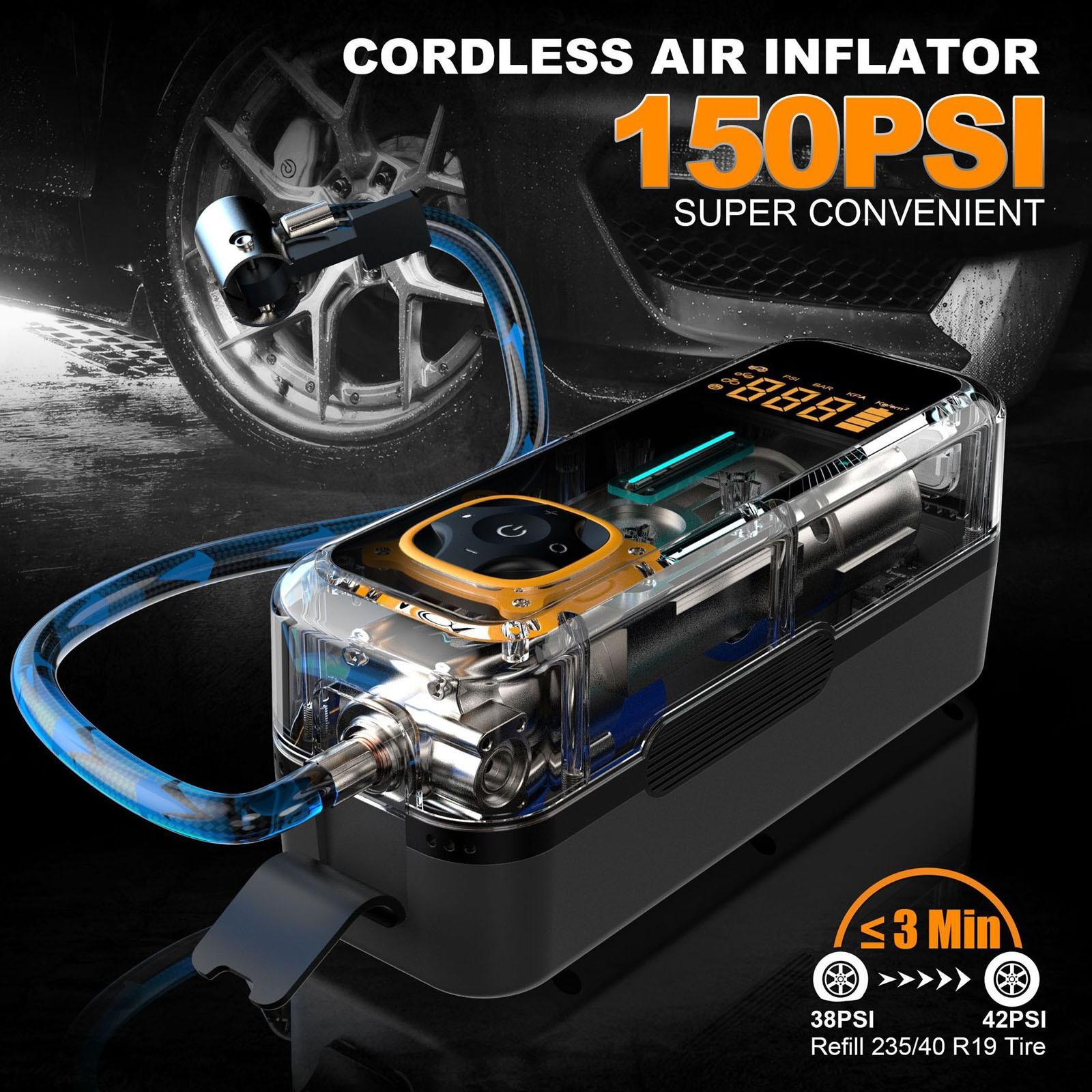 

Портативный компрессор для накачивания шин 15 В, более быстрый портативный 150 фунтов на квадратный дюйм и аккумулятор 10000 мАч, беспроводной автомобильный насос для накачивания шин с цифровым манометром One Size чёрный