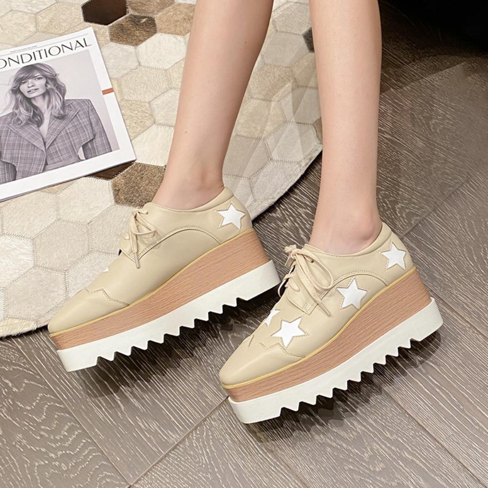 Women Korean‑Style Patent Wedge Pumps, Square‑Toe Star Decor Platform Thick‑Sole High Heel Shoes, British‑Inspired Versatile Casual Daily Footwear