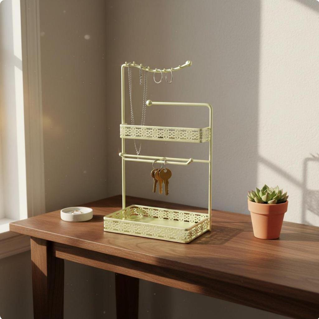 Necklace and Earring Holder MultiFunctional Storage Metal Jewelry Organizer with Tray Elegant