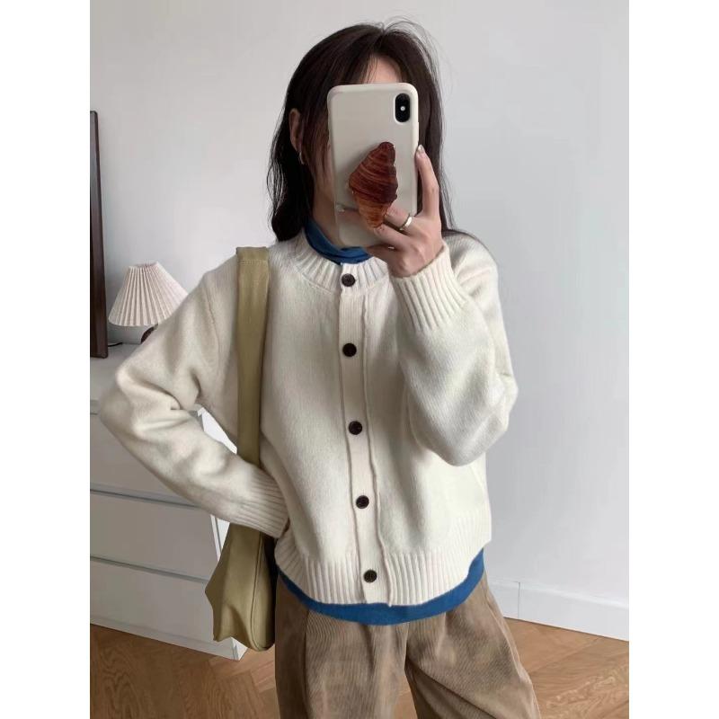 Real Shot Net Color Round Neck Loose Single-breasted Coat Women's Retro Simple Long-sleeved Cardigan Jacket Lazy Wind Top