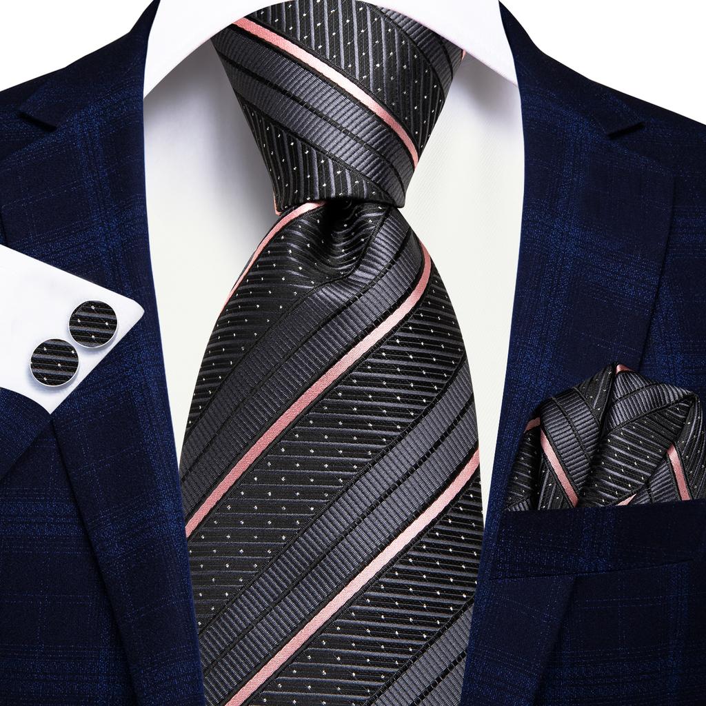 Hi-Tie Navy Blue Striped Silk Wedding Tie For Men Fashion Design Gift Men Necktie Hanky Cufflink Set Business Party Dropshiping