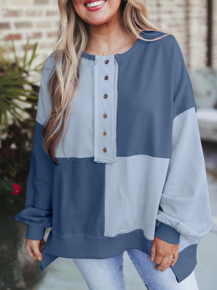 Women's Long Sleeve Color Block Knit Top with Button Front in Multiple Colors