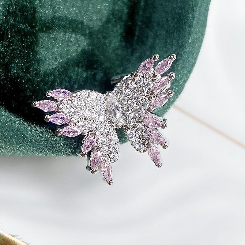 Heavy Industry Light Luxury Full Diamond Pink Zircon Butterfly Opening Ring Niche Premium Sense Delicate Personality Ring Female