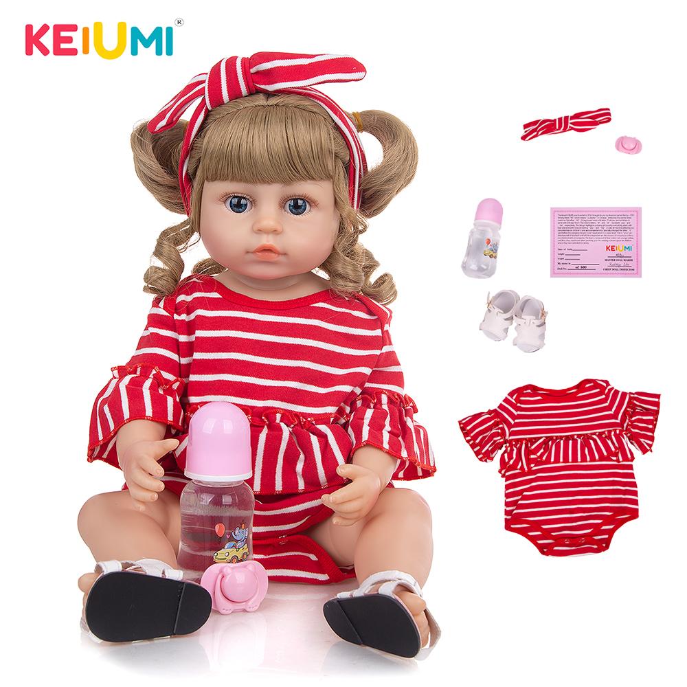

KEIUMI Кукла реборн полностью силиконовая, красные, белые в полоску, 55 см, золотые волосы, игрушка для новорожденных