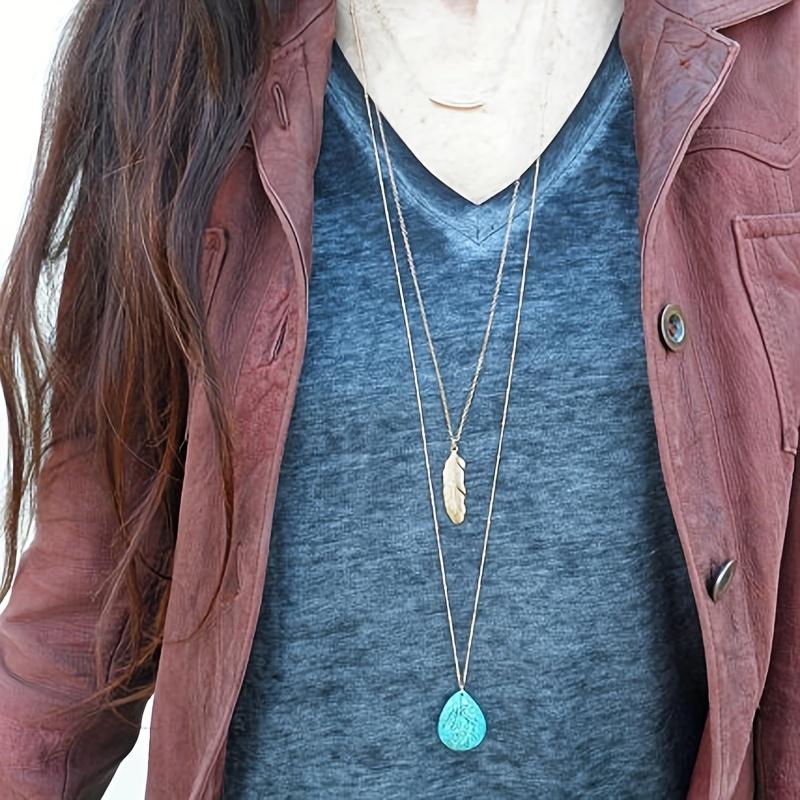 Colier cu pandantiv cu pene turcoaz în mai multe straturi pentru femei în stil boho, cadou cu lanț de pulover