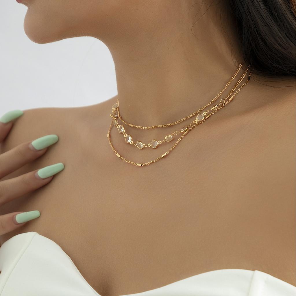 Versatile simple design crystal stacked collarbone chain, cold wind temperament metal necklace woman