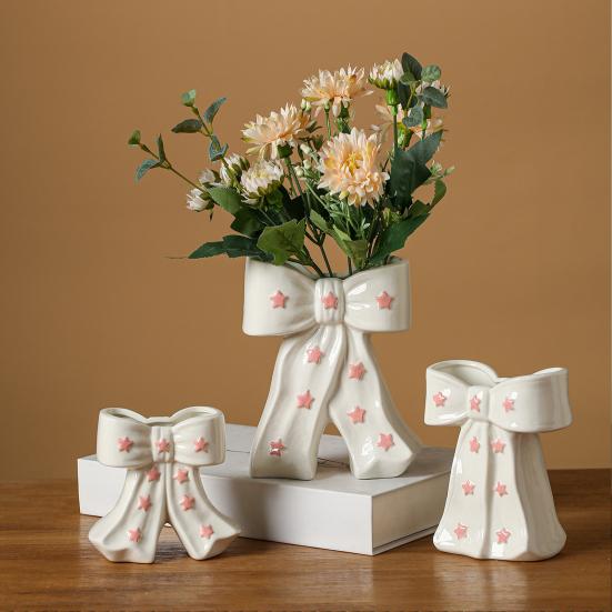 Delicate Desktop Decoration Ceramic Bow Vase with Star, Decorative Flowers Vase, Creative Flower Chic Room Decor Gifts Arrangement Holder for