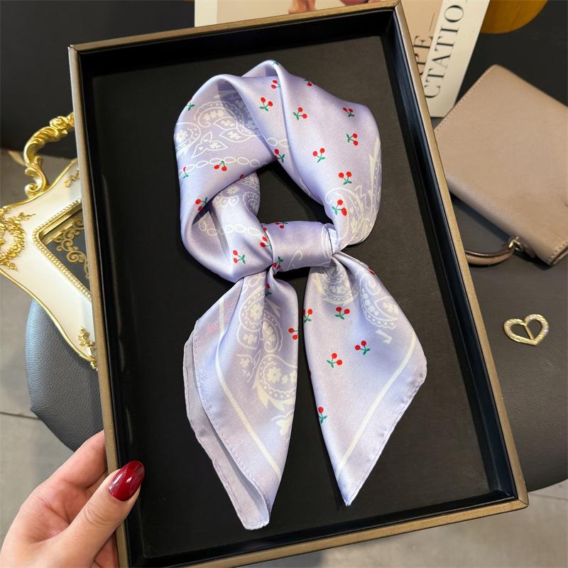 1PCS Purple Scarf Cherry Qimeng Printed Silk Scarf Square Scarf Premium Shawl Sunscreen Neck Small Square Scarf Headscarf