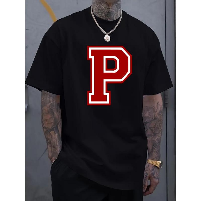 European Size Fashionable And Comfortable Men'S T-Shirt with Unique P-Letter Print - Breathable Casual Round Neck Spring And Summer T-Shirt