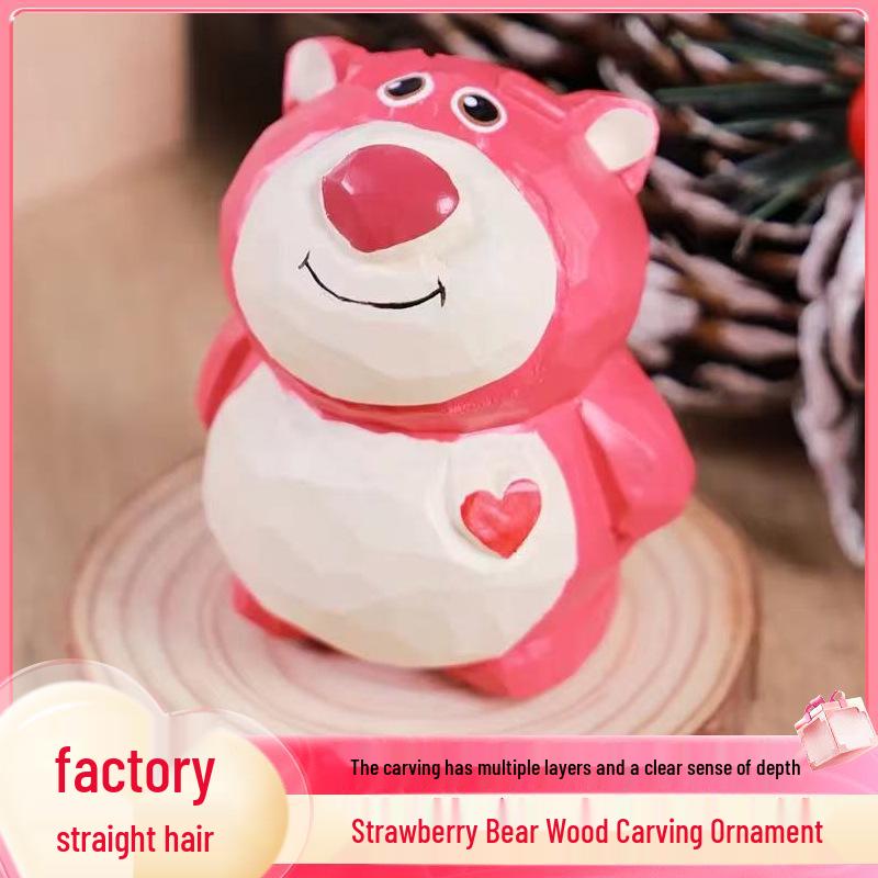Strawberry Bear Wood Carving Ornament: Cute Handmade Decoration & Gift 6cm x 5cm x 7cm