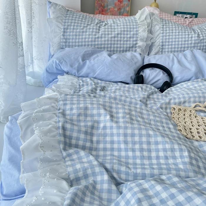 

Korean Princess Style Lattice Double Layer Lace Bedding 1.5m sheet 4pcs синій