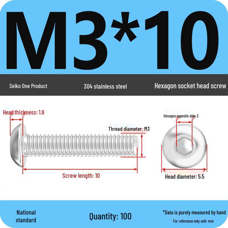 304 Stainless Steel Pan, Half, and Round Head Hexagon Screws (M2-M12)