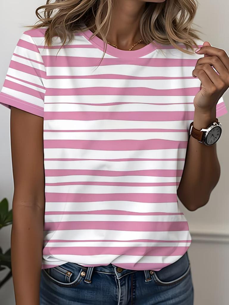 Women's Contrasting Striped Printed T-Shirt Round Neck Loose Short Sleeved Fashion Simple Commuting Top Y2k Tee Woman Clothing
