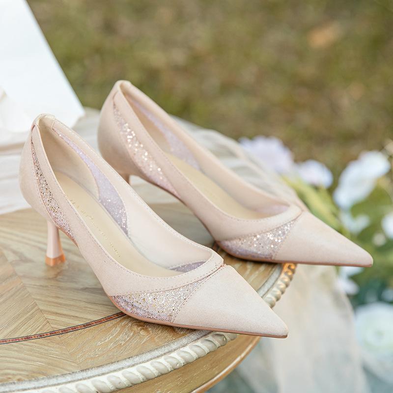 

Сетчатая вставка, флэш-бриллианты, овчина, высокие каблуки, женские туфли-лодочки на тонком каблуке с острым носком, темперамент, лето, новый китайский стиль 39 абрикосовый