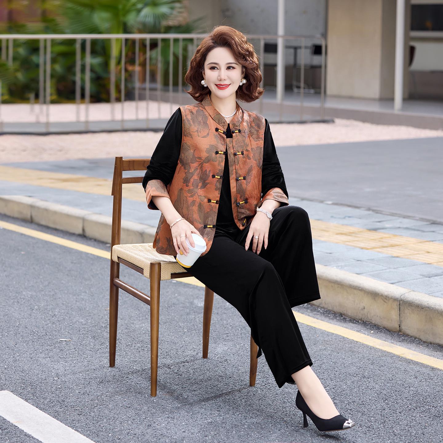 

Chinese-Style Casual Three-Piece Suit for Women Aged 40-60, Plus Size, Loose Fit, Spring Wear XL (Recommended 95-110 Jin)