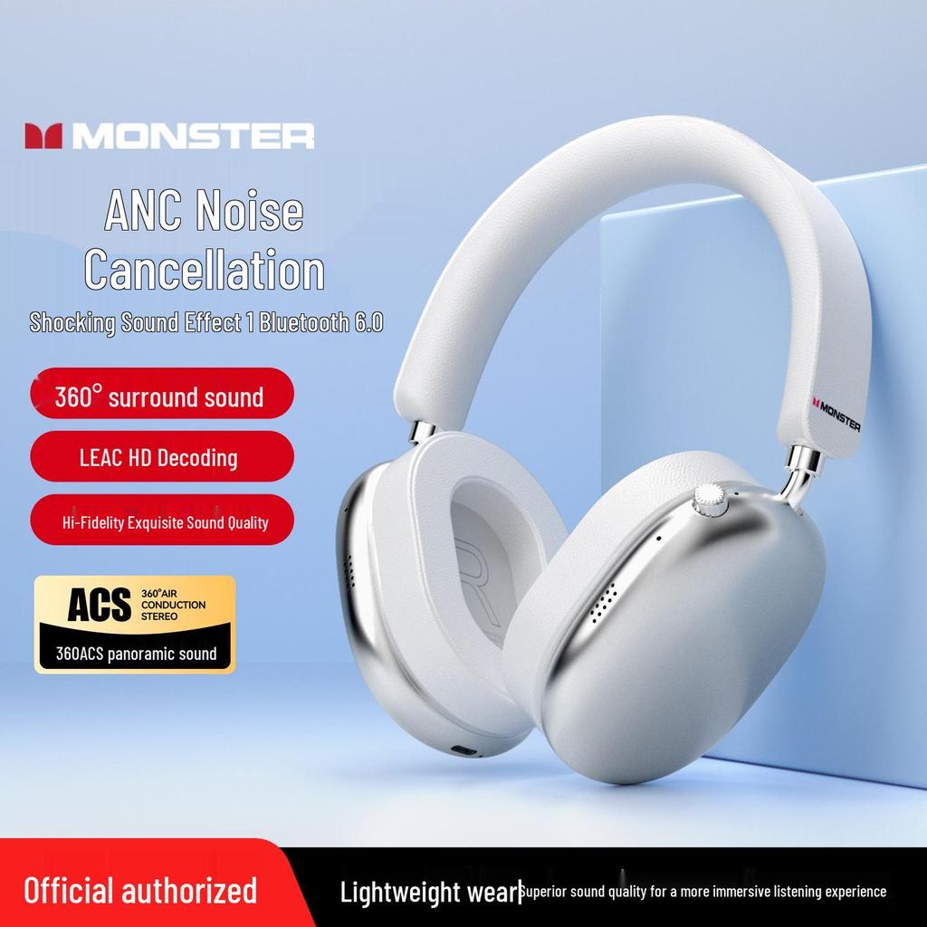 Monster AH100 Wireless Over-Ear Bluetooth Headphones, ANC Noise Cancelling, Long Battery Life, Perfect for Gaming & Sports