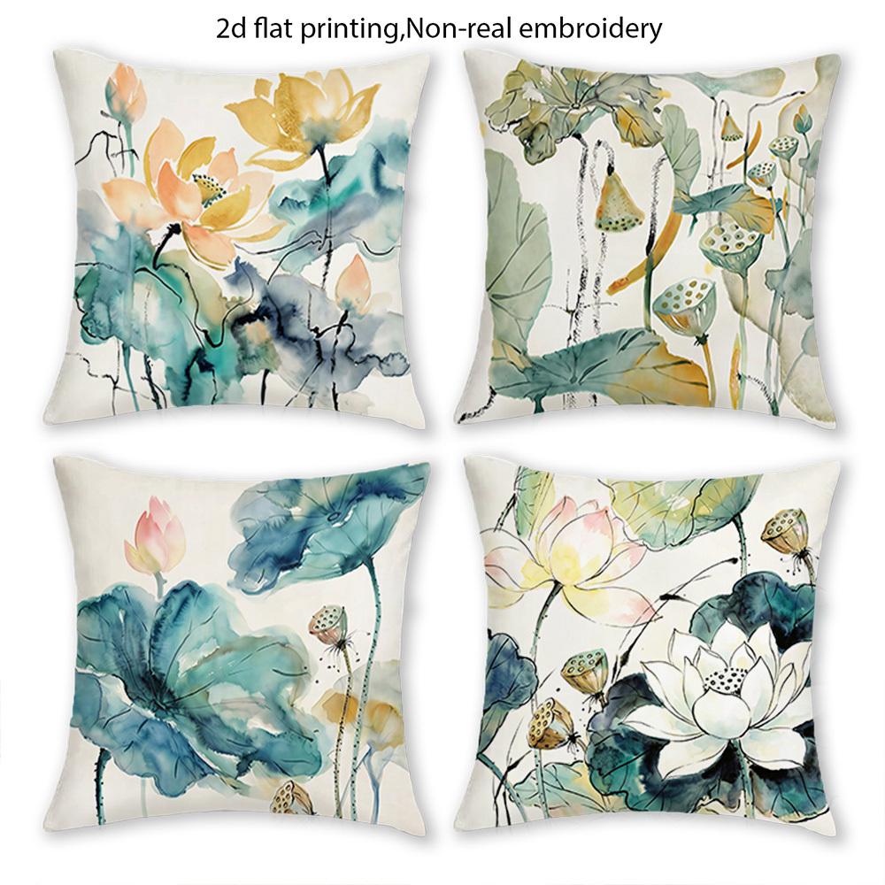 4Pcs Double-Sided Printed Pillow Covers, Ink Wash Lotus & Botanical Print Cushion Cases, Cozy Zen Home Decor Bedroom Living Room