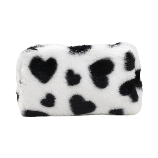 Fuzzy Makeup Bag Fluffy Plush Zipper Cosmetic Pouch with Heart Pattern Cute Pencil Case Travel Toiletry